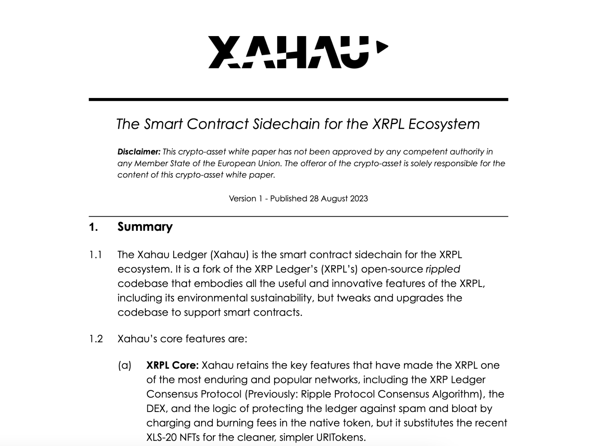 First page of the Xahau whitepaper
